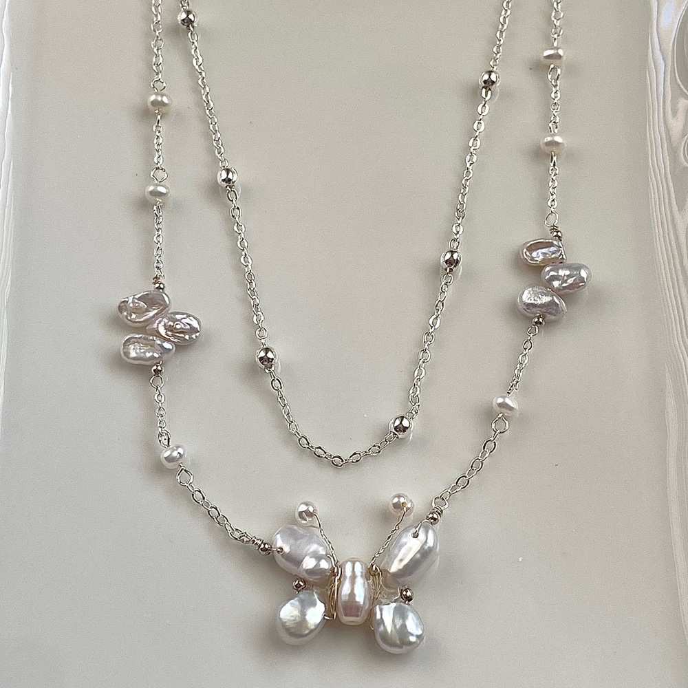 N129-Handmade Double Layer Butterfly Freshwater Pearl Necklace